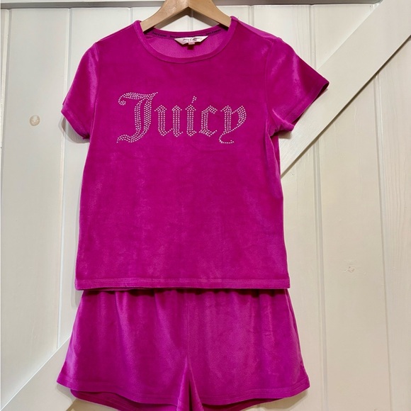 Juicy Couture Magenta Pink Velour Sleepwear Rhinestone Logo Tee Shorts Bling M - Picture 3 of 13
